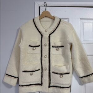 J.ING Mohair Blend Fuzzy Cardigan Jacket Pearl Buttons Cream Chic